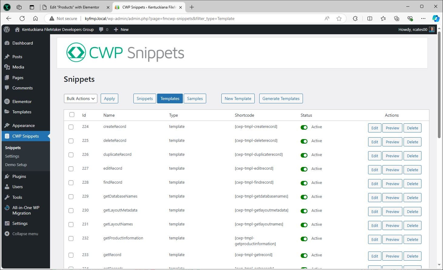 An image of RGC Data plugin CWP Snippets main Templates page