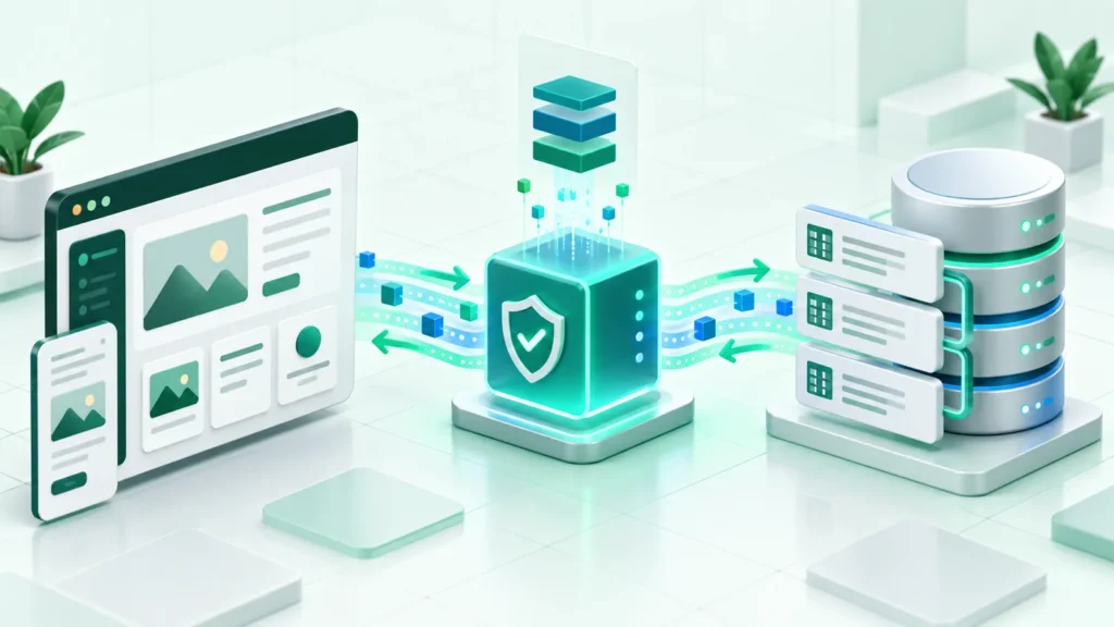 A custom website securely exchanging data with a FileMaker backend through a REST integration layer