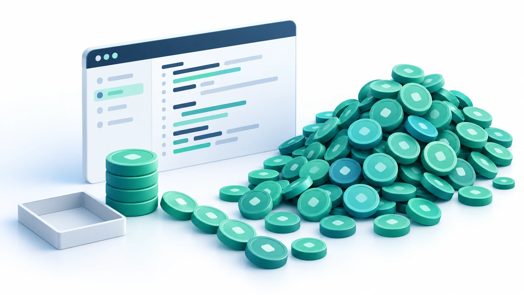 Abstract teal computing tokens stacking up and spilling beside a coding screen, illustrating AI usage and costs